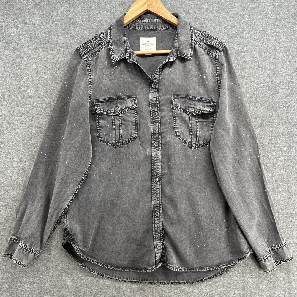 American Eagle Women Large Gray Paint Splatter Boyfriend Fit Button Up Shirt Top